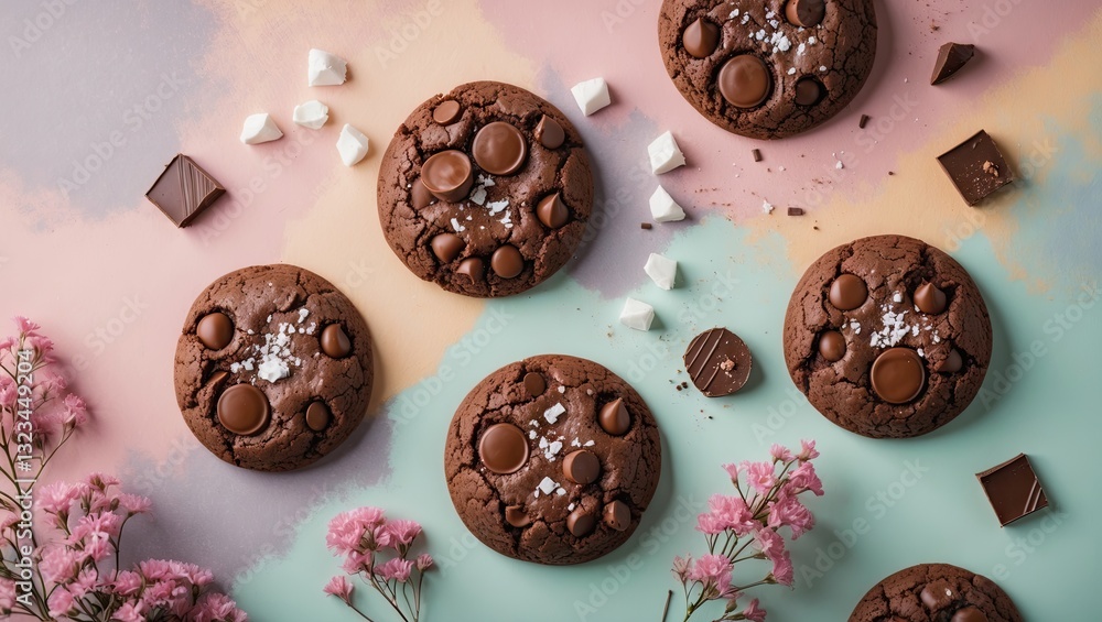 Poster chocolate cookies arranged in a circular layout on a pastel pink and teal backdrop, adorned with whi