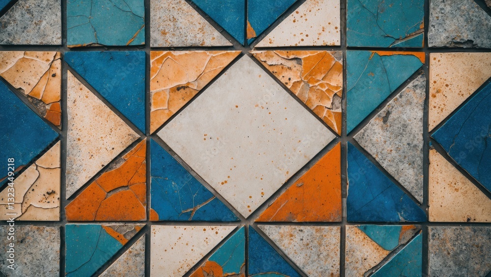 Poster geometric tiled design featuring coarse textures in blue, orange, and gray tones, arranged in a clos