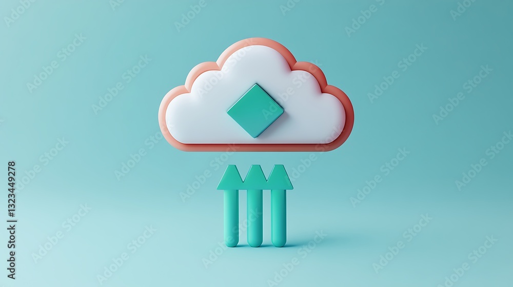 Poster modern cloud icon with geometric shapes representing data upload and storage concepts in mint color 