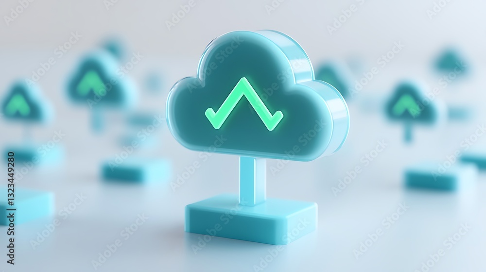 Poster modern cloud icon with green upward arrow signifying growth and progress in digital technology and d