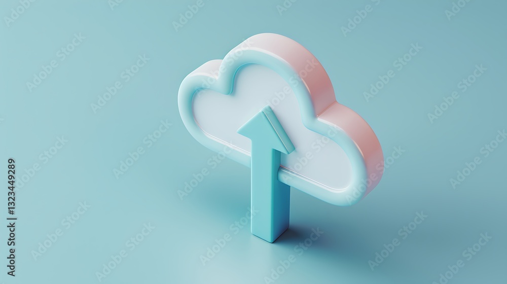 Poster modern cloud icon with upward arrow symbolizing data upload and digital technology on a blue backgro