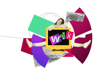 Contemporary art collage of happy freelancer girl sit pc monitor workload occupation it-specialist workaholic on drawing background