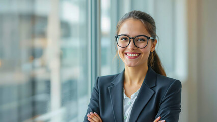 Smiling professional businesswoman standing confidently near a window in a modern office building, representing success, positivity, and professional commitment 