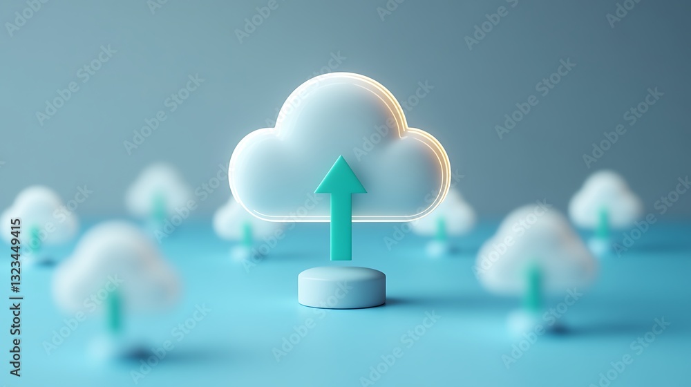Poster modern cloud storage concept with rising arrow symbolizing data upload and digital transformation in