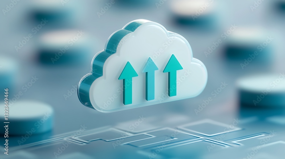Poster modern cloud storage concept with upward arrows representing data upload and technology advancements