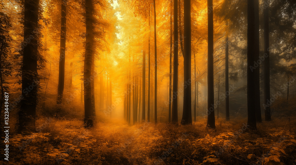 Poster a mystical redwood forest with golden light filtering through the trees.