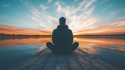 Person Meditating at Sunset by the Lake With Colorful Sky and Calm Water in Serene Setting
