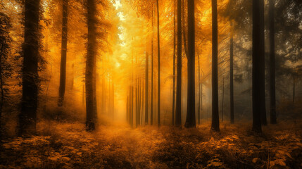 Obraz premium A mystical redwood forest with golden light filtering through the trees.