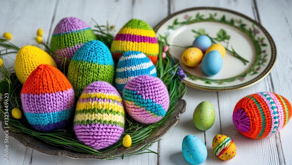 Poster vibrant handmade knitted easter eggs in various colors arranged on a vintage plate with greenery on 
