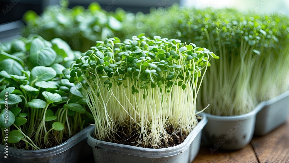 Aufkleber Lush green microgreens growing in gray containers arranged in rows with blurred background and natural light highlighting vibrant textures