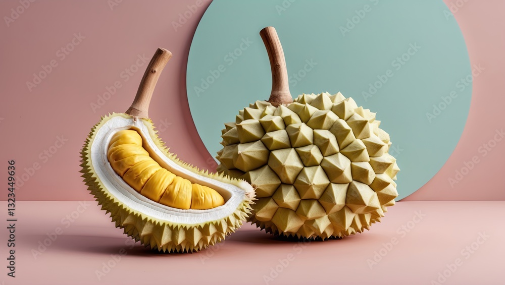 Poster Fresh durian fruit display featuring a whole durian and a sliced section. Positioned on a soft pastel pink background with a mint circular backdrop.