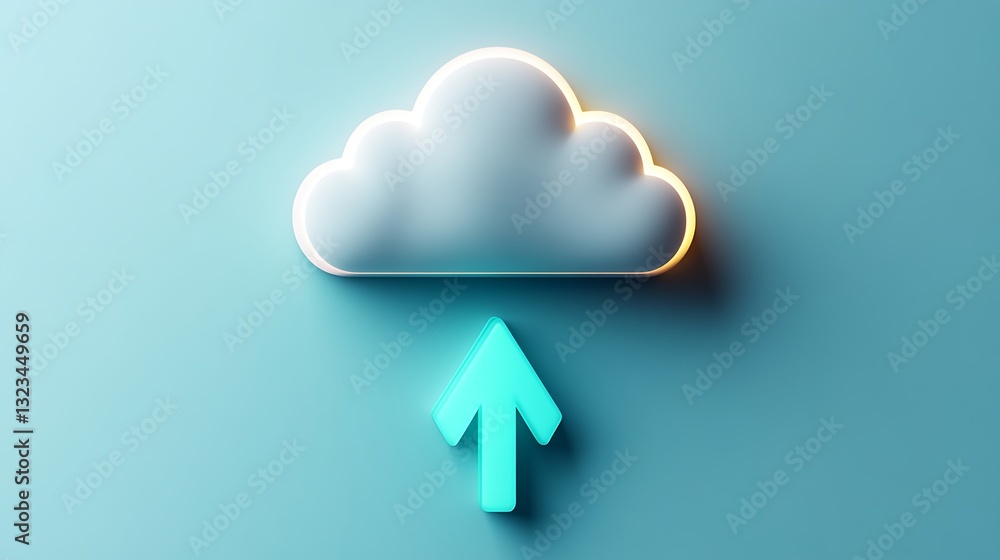 Poster modern cloud symbol with arrow depicting digital upload concept in 3d style on soft blue background