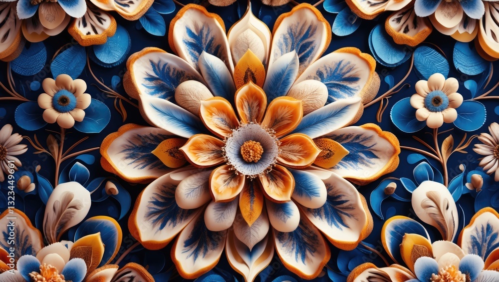 Poster intricate floral pattern in blue, orange, and cream colors, centered with ample copyspace for text o