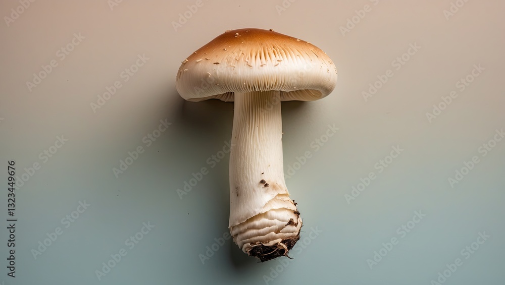 Poster champignon mushroom with a white stem and orange-brown cap centered on a smooth pastel gradient back