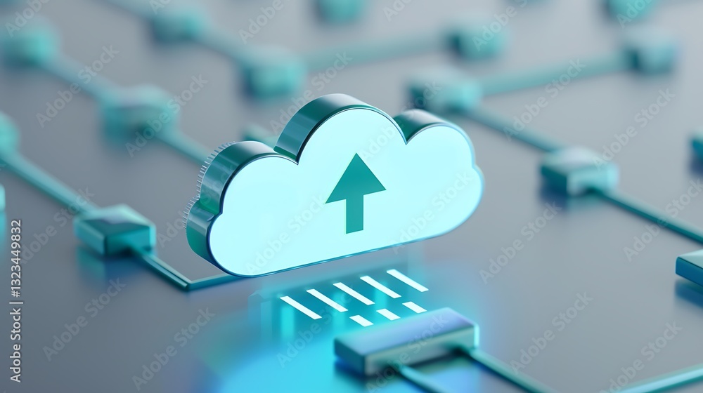 Aufkleber modern cloud technology concept with upload arrow and digital network connections in soft blue hue