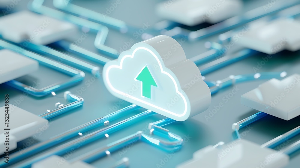 Poster modern cloud technology concept representing data uploading with light cables and abstract shapes