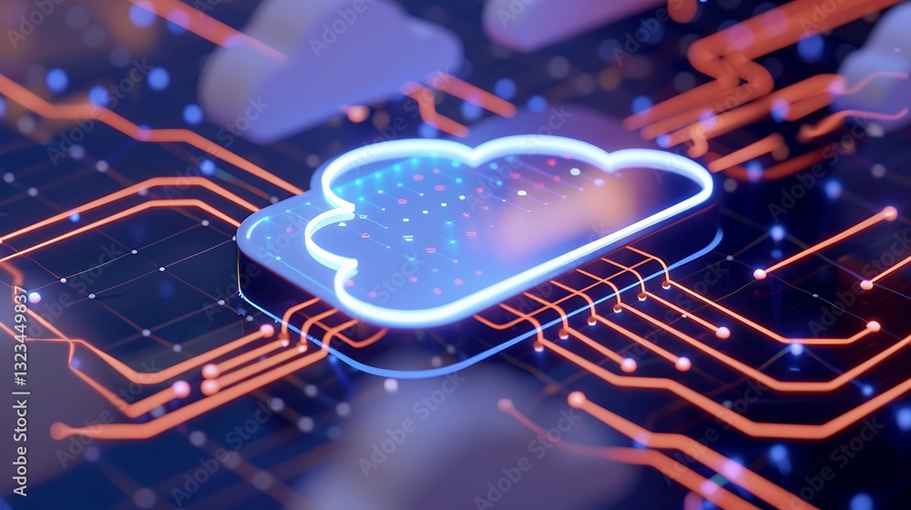 Poster modern cloud technology concept with digital circuitry and abstract cloud icon on dark background