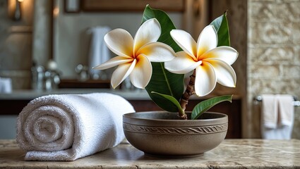 Fototapeta premium Elegant frangipani flowers in a brown bowl beside a neatly rolled white towel on a textured stone countertop in a luxurious bathroom interior.