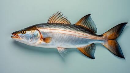 Obraz premium Fresh Dorado fish displayed on a soft mint green background with a smooth texture highlighting its silver body and golden accents.