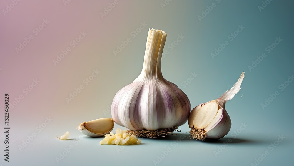 Aufkleber garlic bulb with peeled and unpeeled cloves arranged on a soft pastel gradient backdrop featuring li