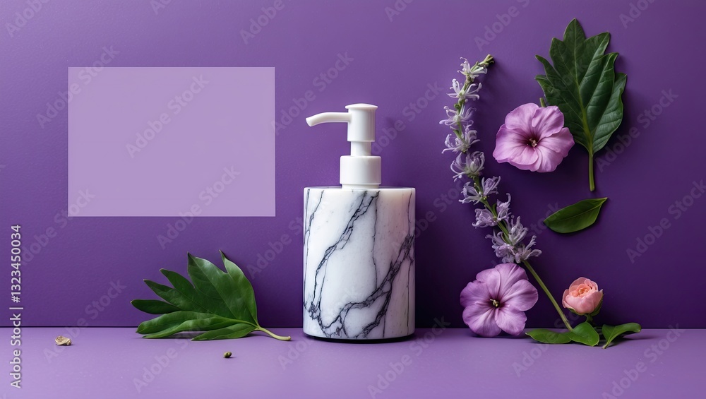 Poster flat lay of a marble soap dispenser on a violet background with purple flowers and leaves on the lef