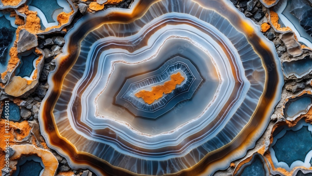 Poster stunning close-up of a multicolored agate stone featuring blue, orange, and gray layered patterns, s
