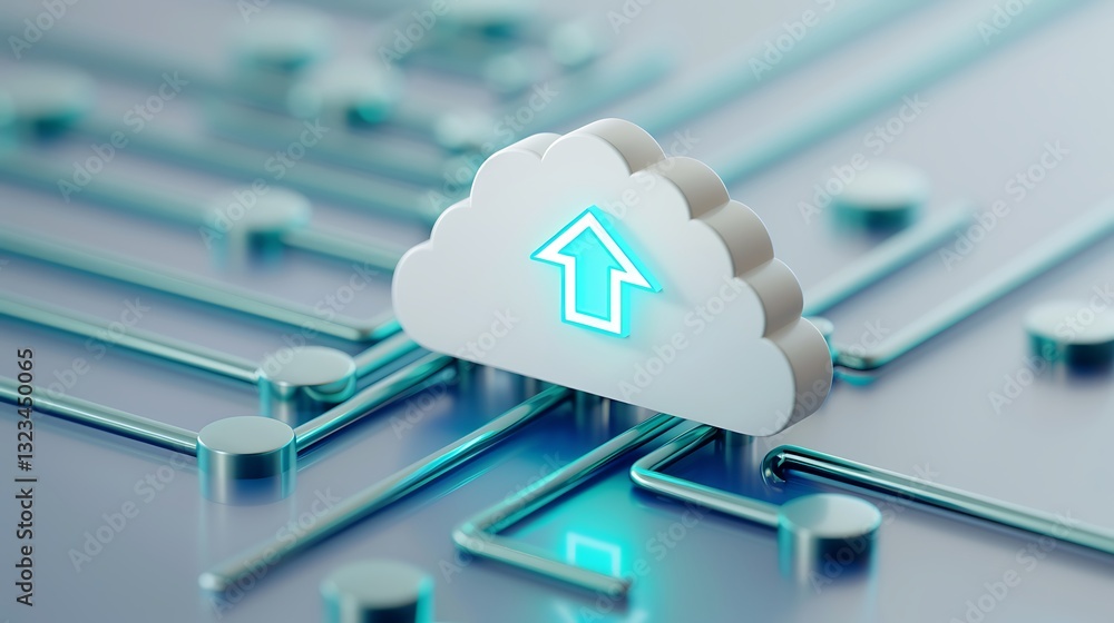 Poster modern cloud upload concept with neon arrow symbol and digital circuit background