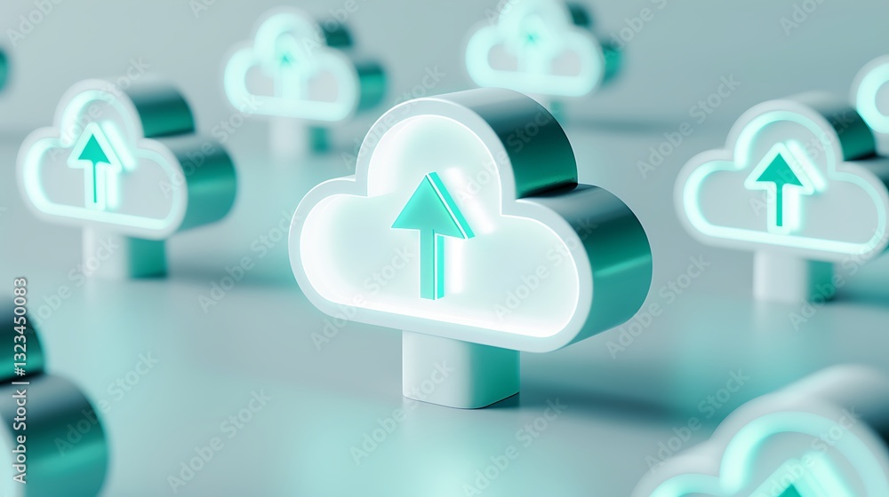 Poster modern cloud upload icon with neon glow on a soft background featuring arrow design in 3d style