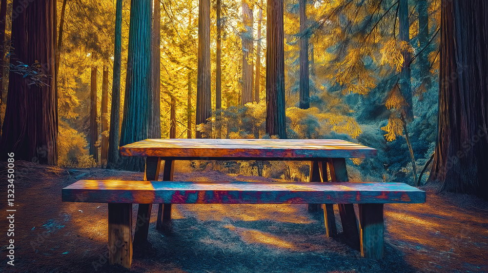 Poster a mystical redwood forest with golden light filtering through the trees.