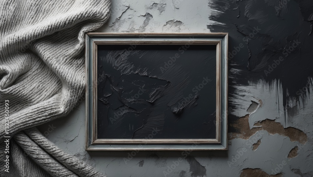 Poster textured dark background with a distressed surface, featuring a thin gray wooden frame centered, dra