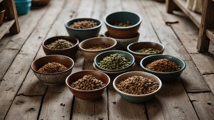 Variety of pet food bowls arranged on a rustic wooden floor with earthy tones and textures creating a cozy pet-friendly setting with ample copyspace.