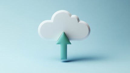 Modern cloud upload icon with a stylized arrow on a light blue background for digital technology concepts