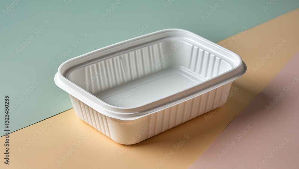 Aufkleber Rectangular empty white plastic food container centered on soft pastel green and peach background creating a minimalistic modern aesthetic
