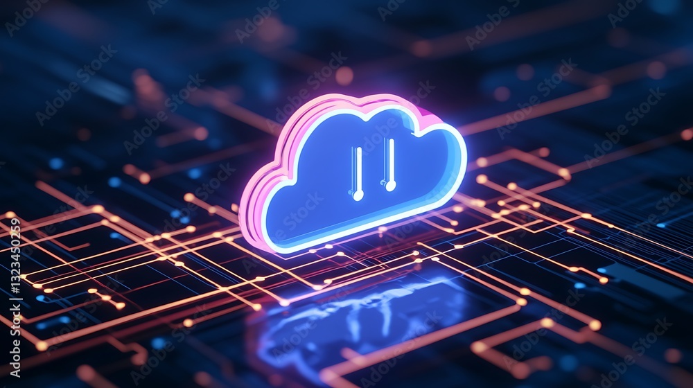 Poster modern digital cloud computing symbol with neon lights and circuit board background representing tec