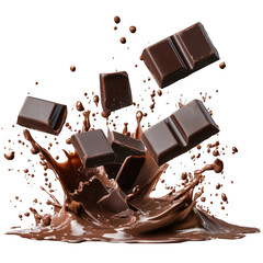 Chocolate bar pieces falling into a chocolate splash, isolated on transparent background
