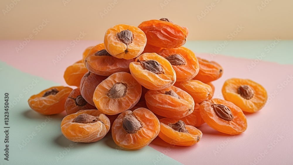 Poster dried apricots piled unevenly on a pastel pink and green backdrop showcasing vibrant orange and beig