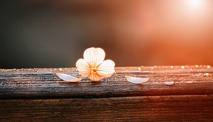 Fototapeta premium Old wooden board with morning dew and single flower petals, minimalist charm. 