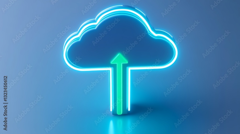 Poster neon cloud icon with arrow illustrating upload symbol representing digital data transfer in modern t
