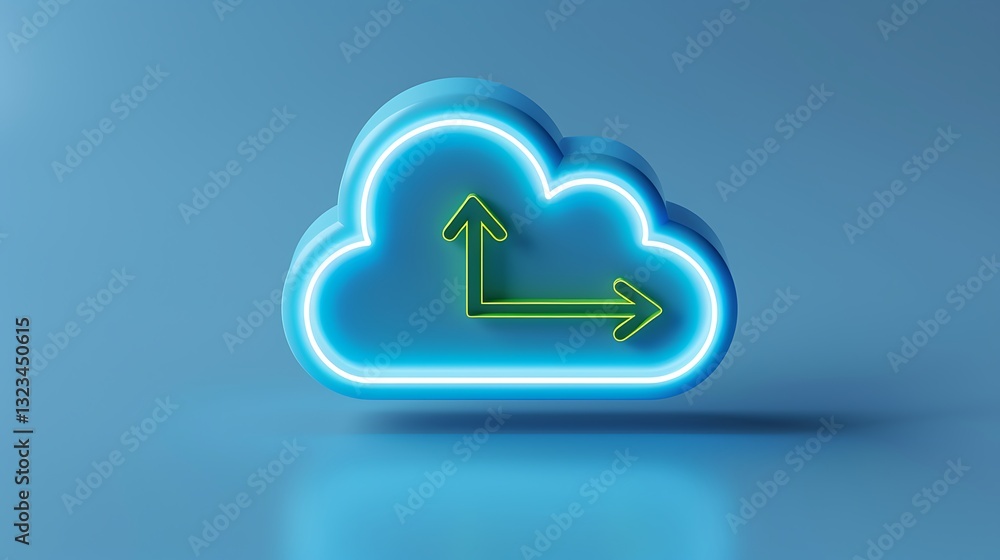 Poster neon cloud icon with arrows representing digital data upload and download processes in blue backgrou