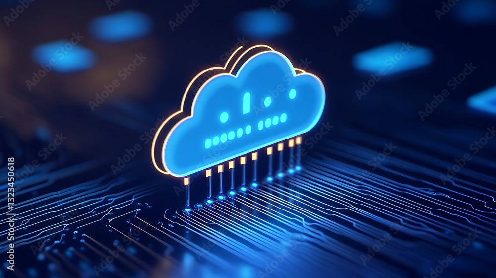 Poster neon cloud icon with circuit design representing digital technology and data storage solutions