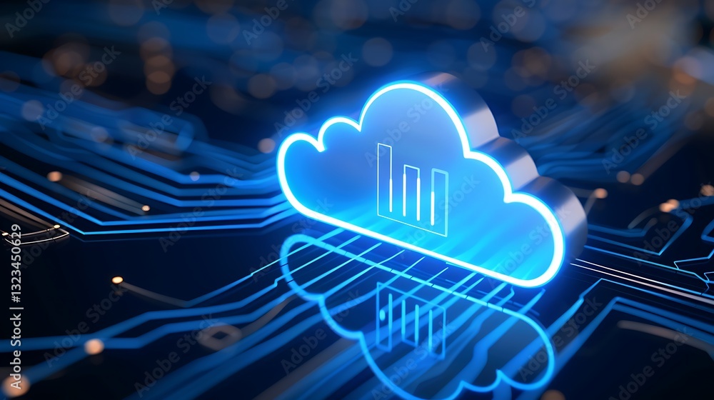 Poster neon cloud icon with data graph on electrical circuitboard background for technology and analytics t