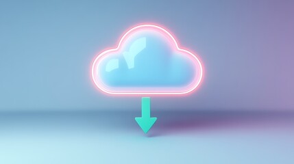 Neon Cloud Download Icon with Glowing Blue and Pink Effects on Stylish Background