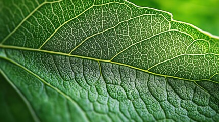 Obraz premium Vibrant green leaf texture in close-up, showcasing nature's organic beauty and intricate details. 