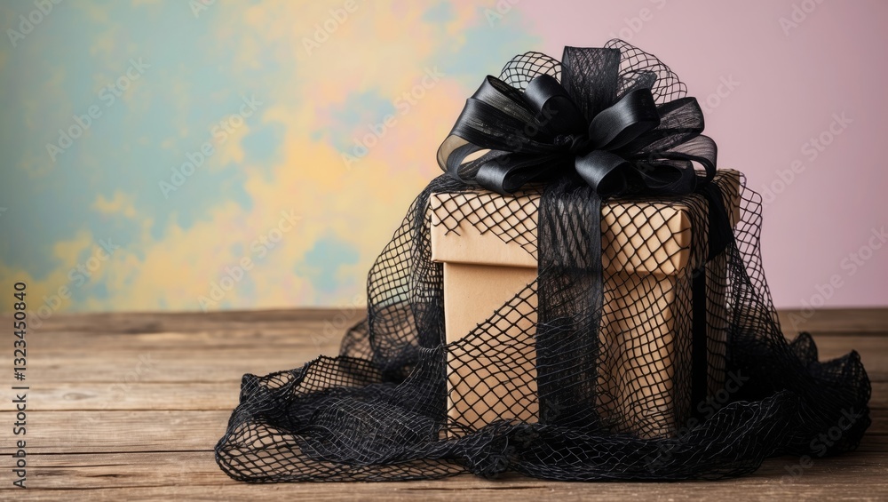 Poster gift box with black netting and satin bow positioned on rustic wood against a soft pastel background
