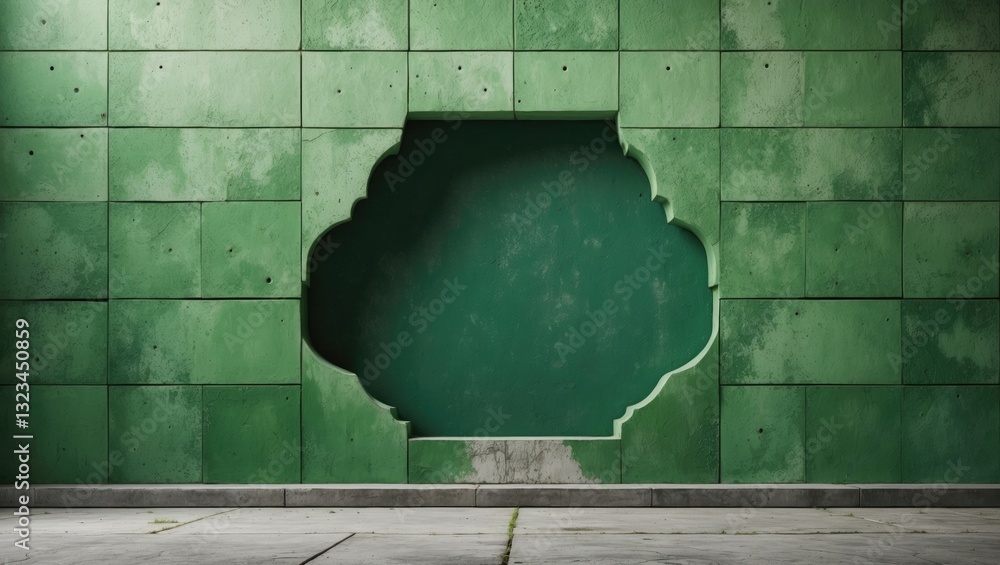Aufkleber Green cement wall backdrop featuring a textured wall with a large cutout in the center, providing ample space for text on a concrete floor.