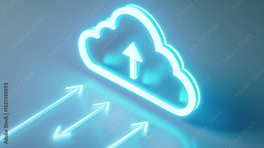 Poster neon cloud icon with upload arrow on gradient background for digital storage and data transfer conce