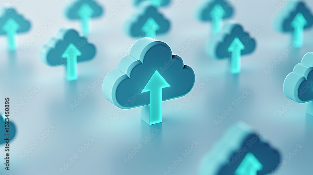 Poster neon cloud icons with upward arrows on a smooth surface representing growth and data transfer concep