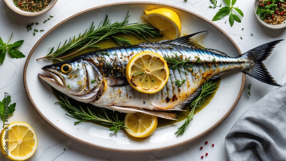 Poster grilled mackerel fish garnished with lemon slices and fresh herbs on a white platter with green leav