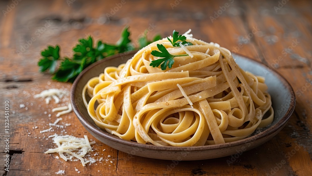 Poster fettuccine pasta served on a brown plate with parsley garnish on a rustic wooden table with blank sp
