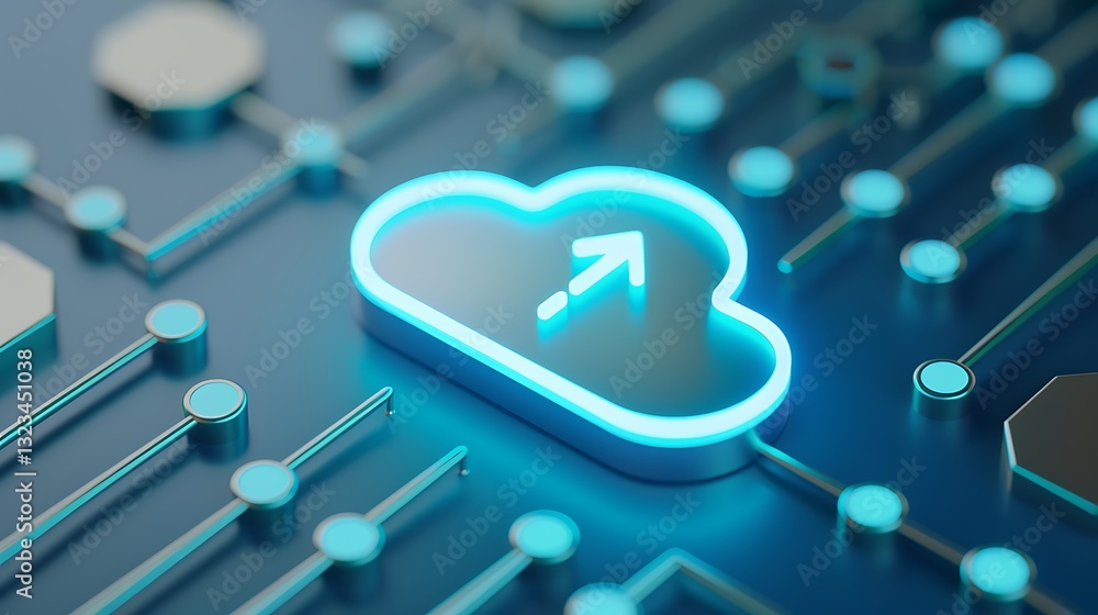Poster neon cloud symbol with arrow on circuit board background representing data transfer and modern techn